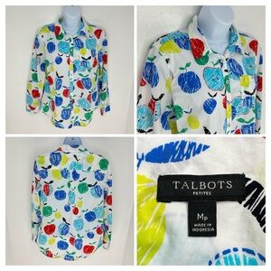 Talbots Petite Medium‎ MP Apple Print Roll Tab Sleeve Button-up Shirt Teachers